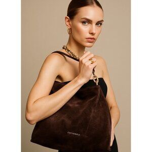 COCCINELLE Brown Suede Shoulder Bag Gold Hardware Slouchy Hobo Purse Italy